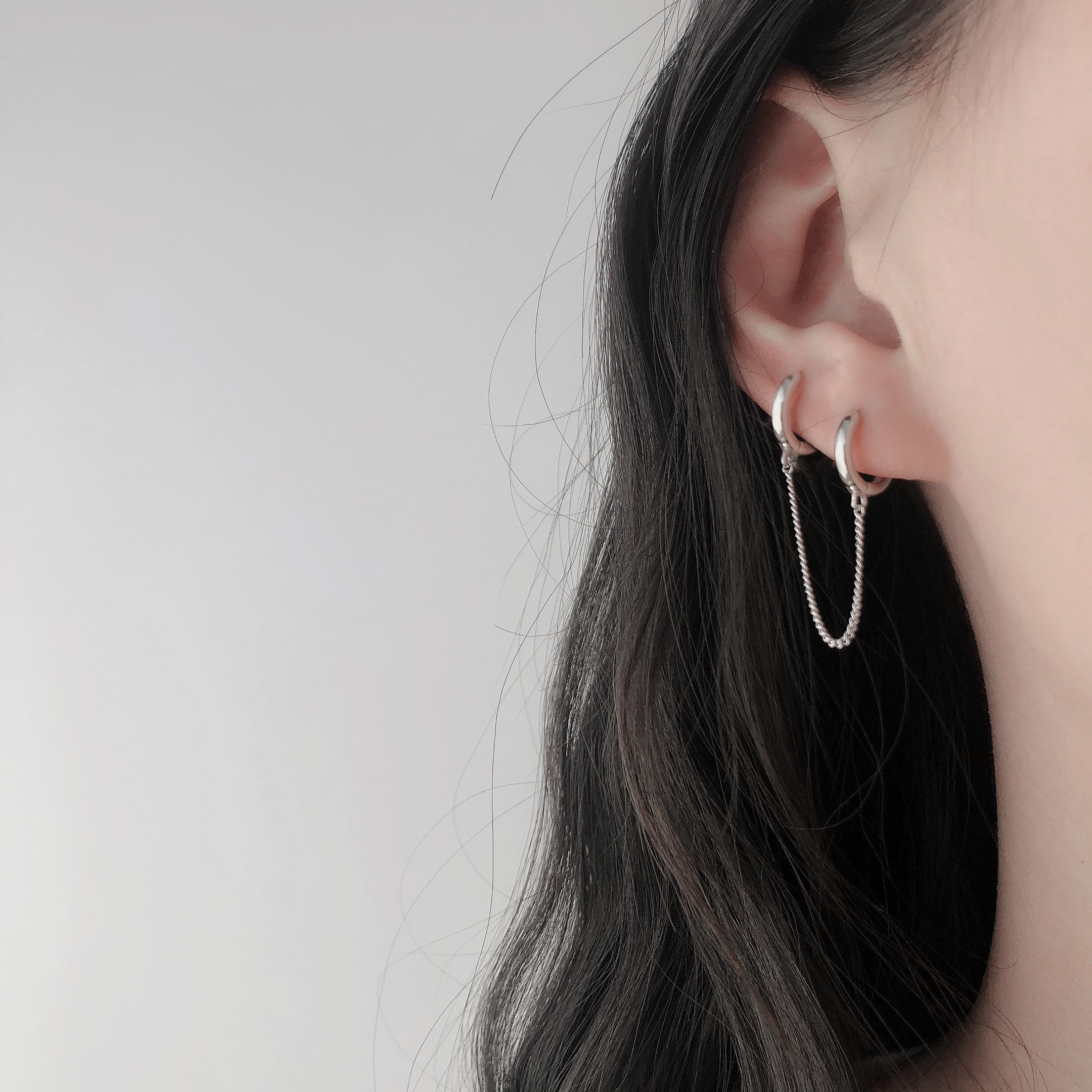 嘻哈女孩简约连体双耳洞耳通体纯银帅气耳骨耳环