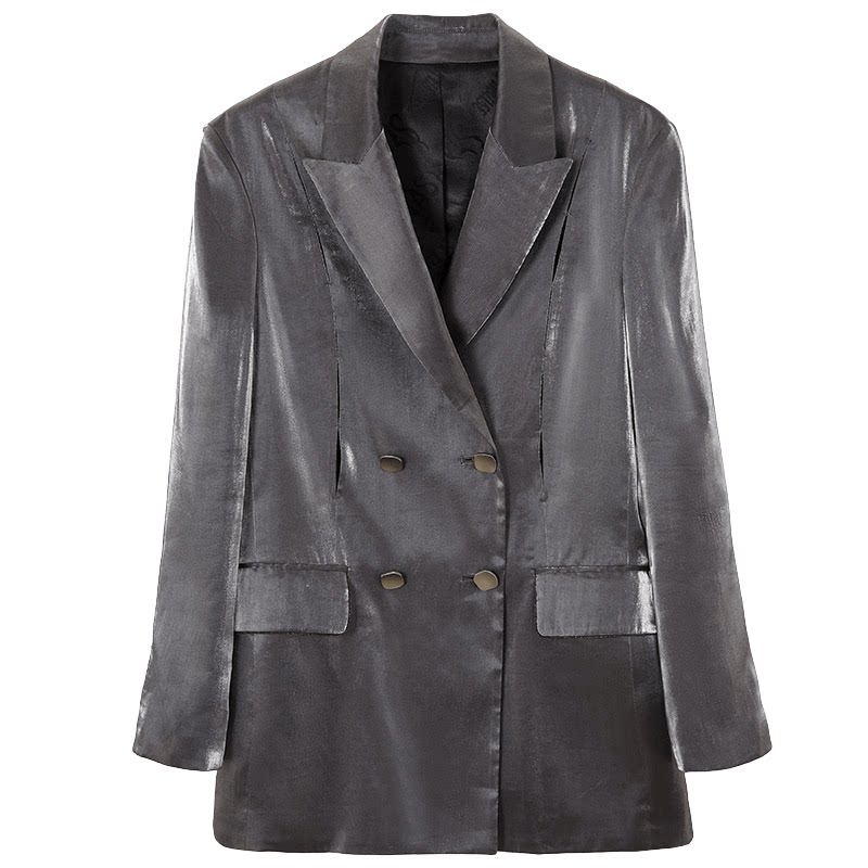 babyghost2020年春春季中长银色亮面西装外衣外套双排西装
