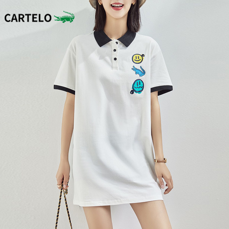 卡帝乐鳄鱼女装纯色polo裙2022春夏新款笑脸印花休闲直筒连衣裙女