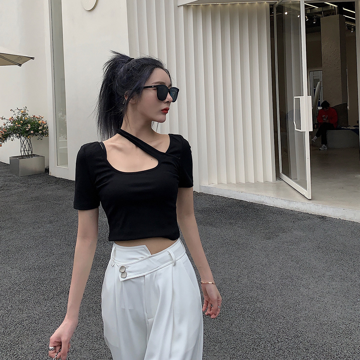 晶爷短款恤女夏季短袖性感露脐修身紧身显瘦t恤