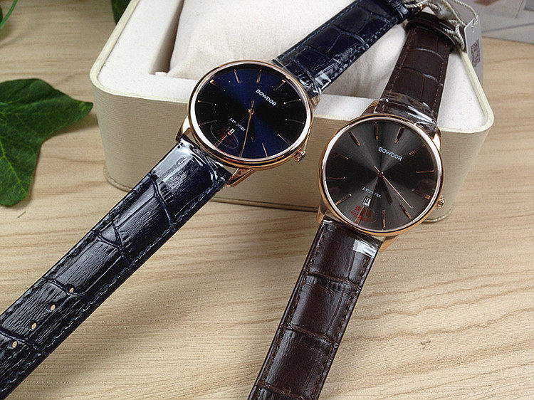 bowdor宝舵手表男士石英表真皮表带蓝宝石日历商务国产腕表