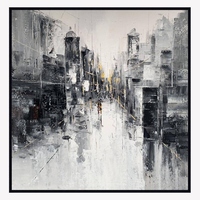 刀画现代极简黑白灰装饰画手绘街景手工抽象大芬村油画