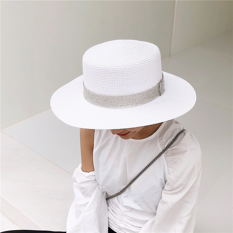 亮闪闪水钻亮片平顶网红白色草帽女夏季百搭出游防晒遮阳帽海边