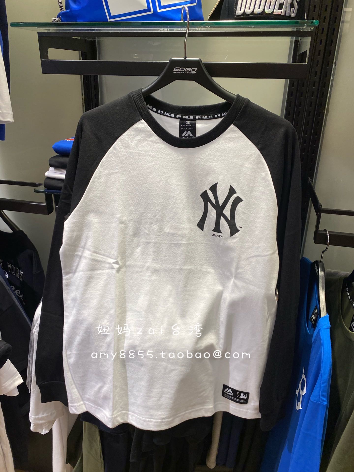 台湾采购MLB 洋基队 春秋 NY男女同款长袖T恤套头棉印花上衣