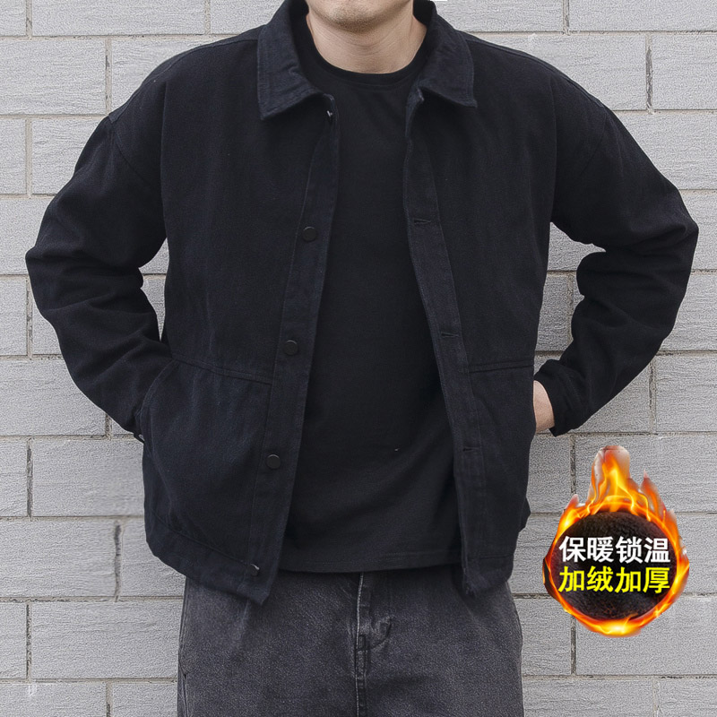 日系复古潮牌秋冬牛仔外套男加绒加厚黑色潮流帅气宽松工装夹克男