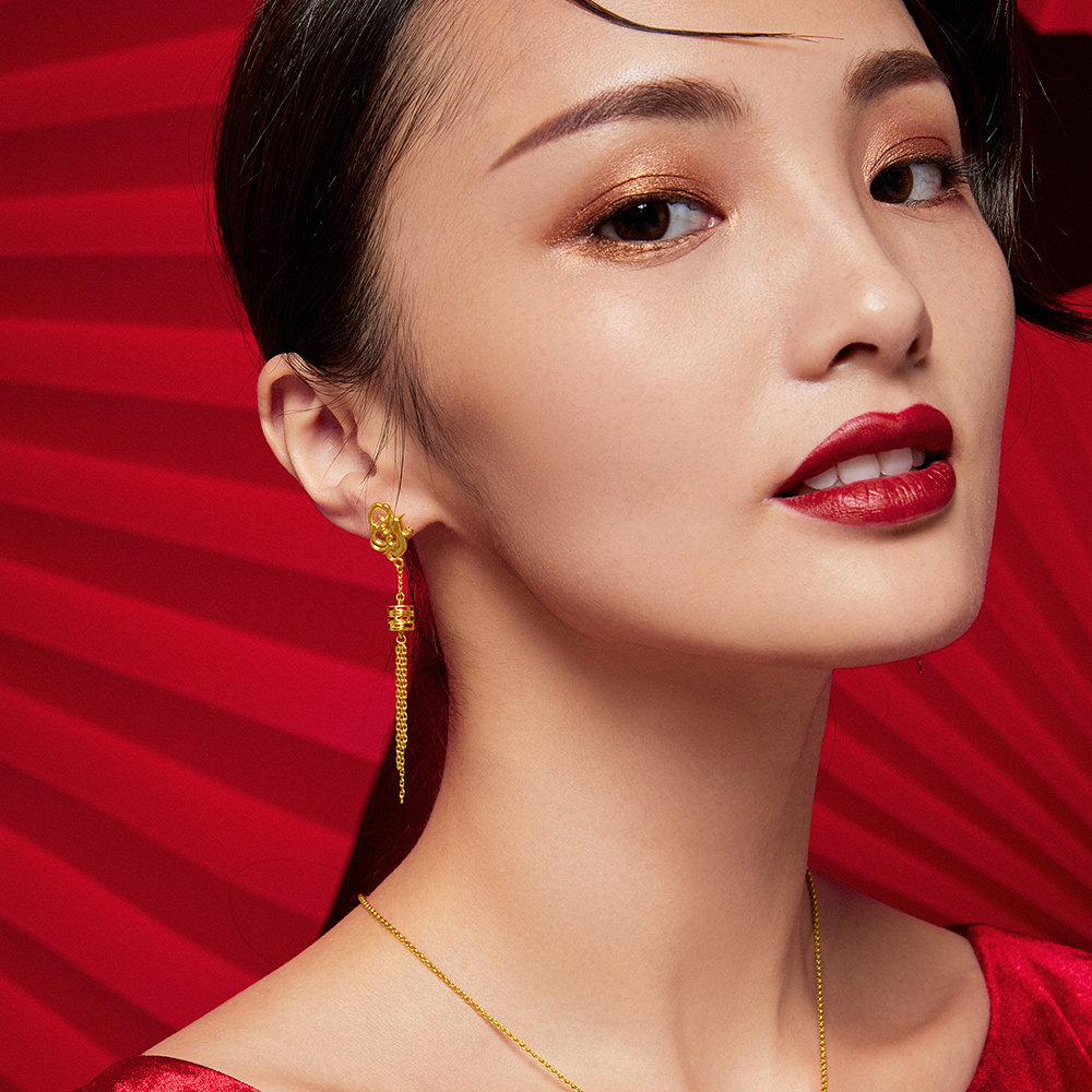 黄金周大生耳环足金古法婚嫁婚庆结婚三金珐琅耳饰