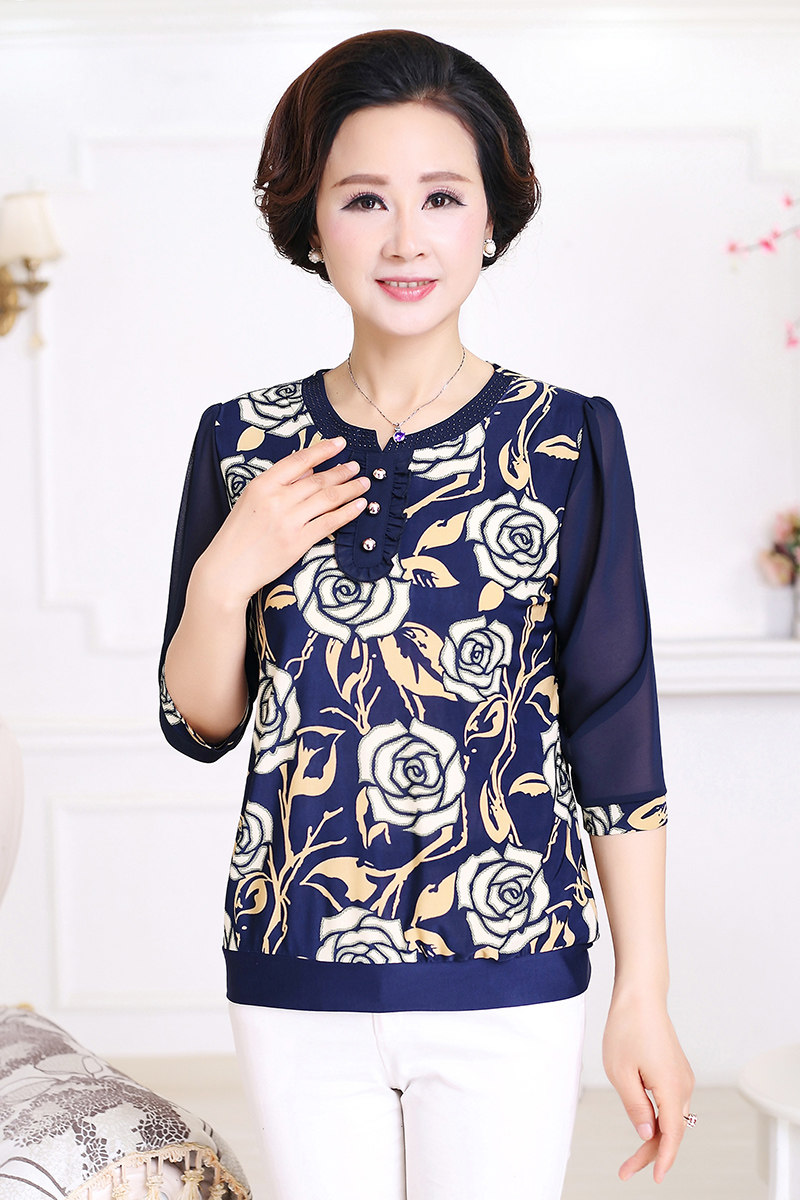 妈妈装中袖夏装雪纺衫女春装打底衫中老年40-50岁宽松上衣中年t恤
