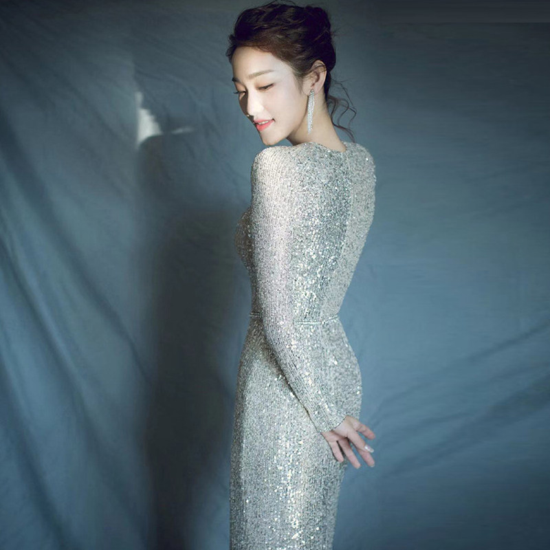 宴会晚礼服2020新款主持人修身显瘦银色亮片高端礼服
