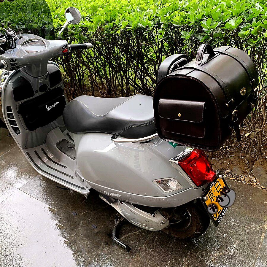 比亚vespa踏板摩托ra姜戈机车后尾箱进口牛皮真皮骑士包