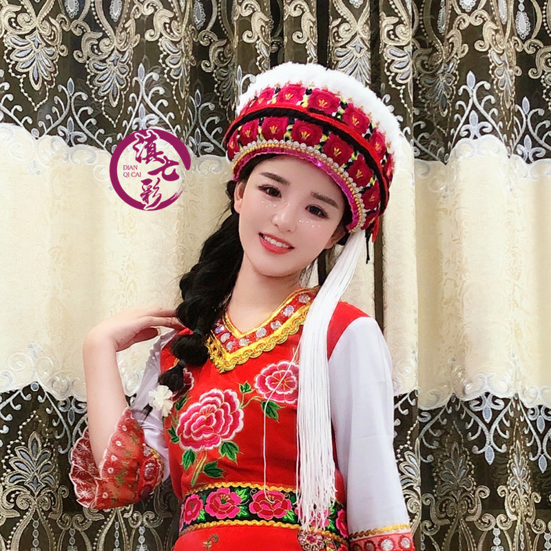 白族云南大理绣花女帽6朵8朵花白帽子儿童帽子