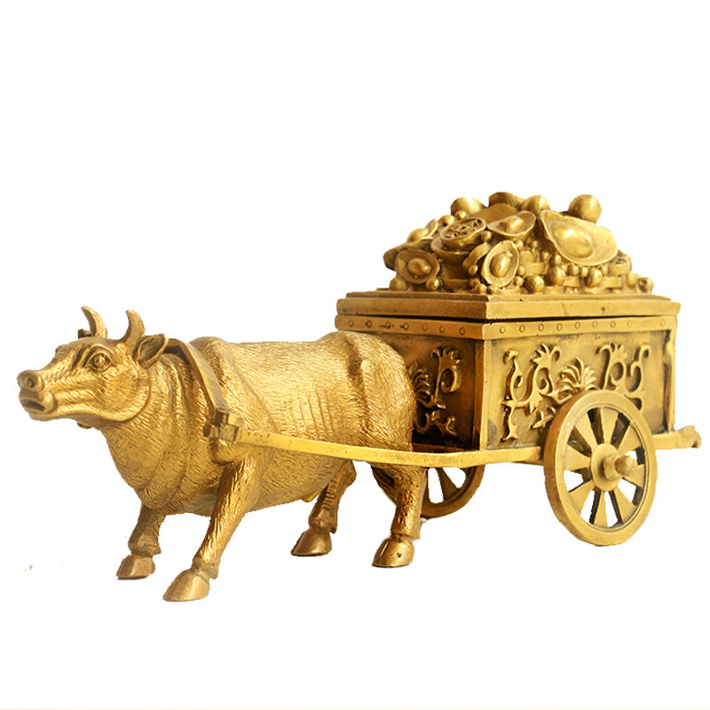 纯铜招财牛拉车摆件 牛拉元宝车生肖牛家居办公室风水装饰工艺品