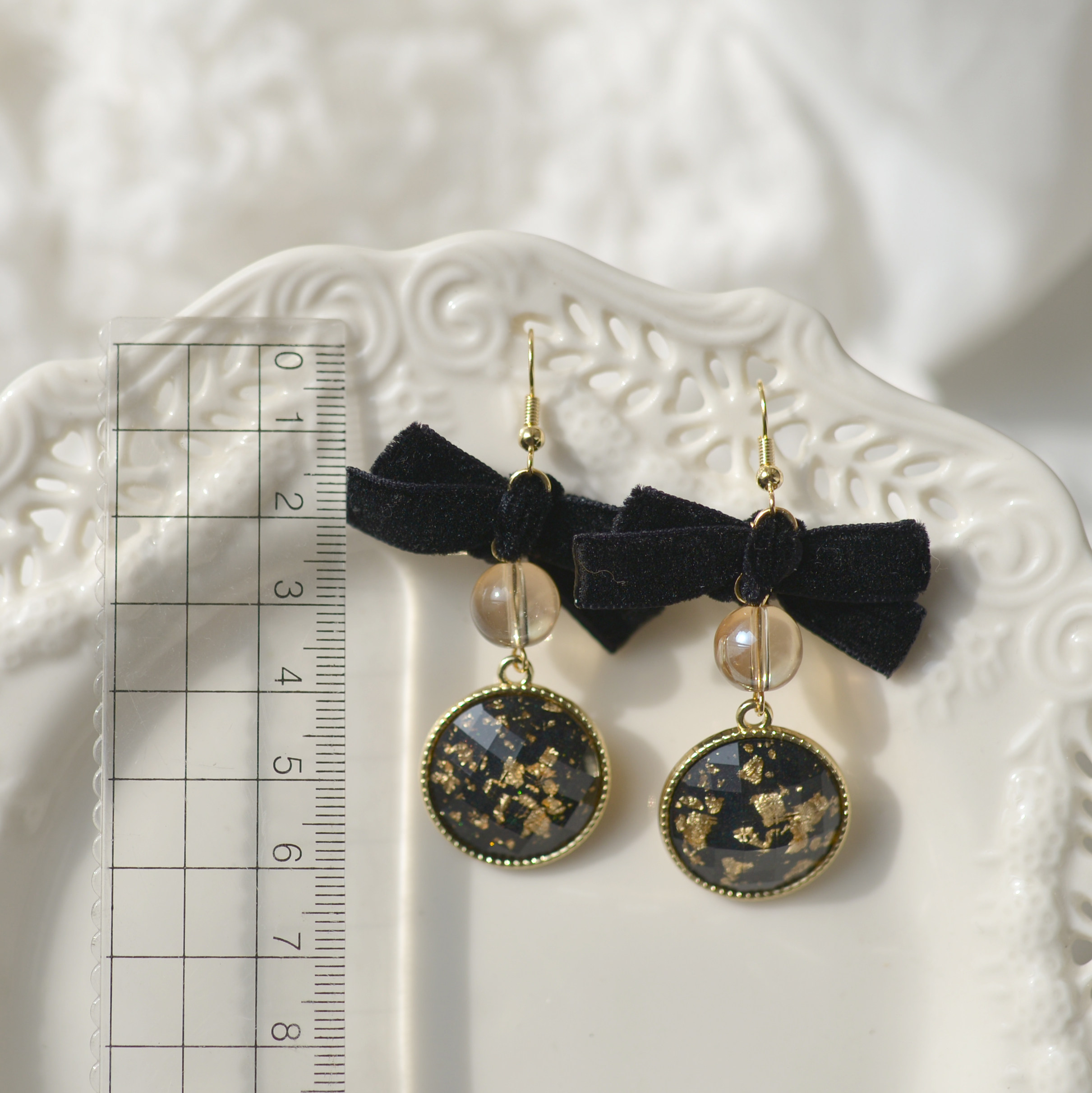 sw原创暗夜精灵lolita耳环耳夹丝绒蝴蝶结金箔日系耳环