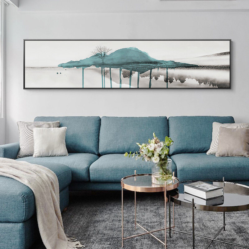 新中式床头装饰画招财山水蓝色沙发背景墙画禅意横款主卧房间壁画