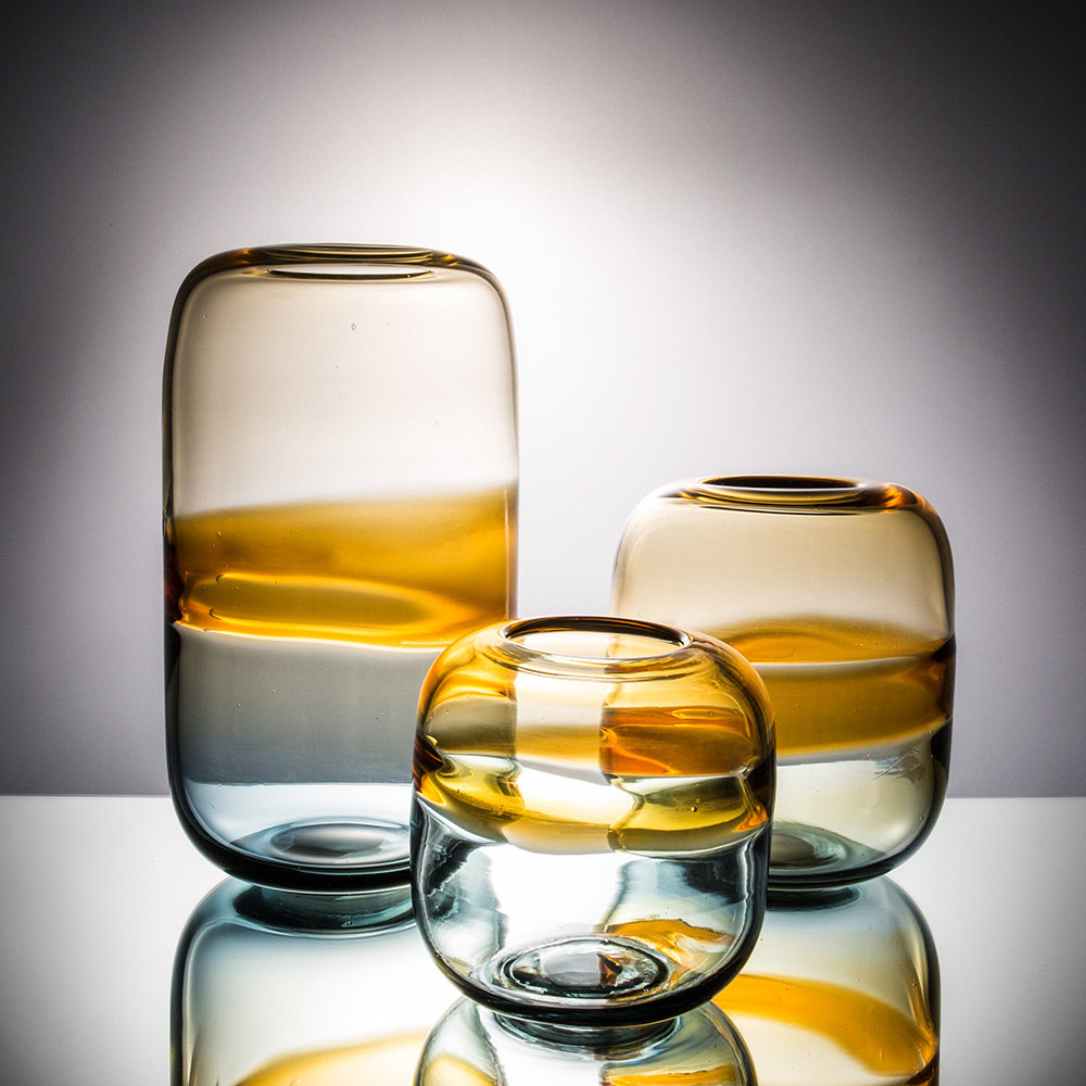 彩色玻璃花瓶拼色圆形收口水养富贵竹装饰器皿花瓶