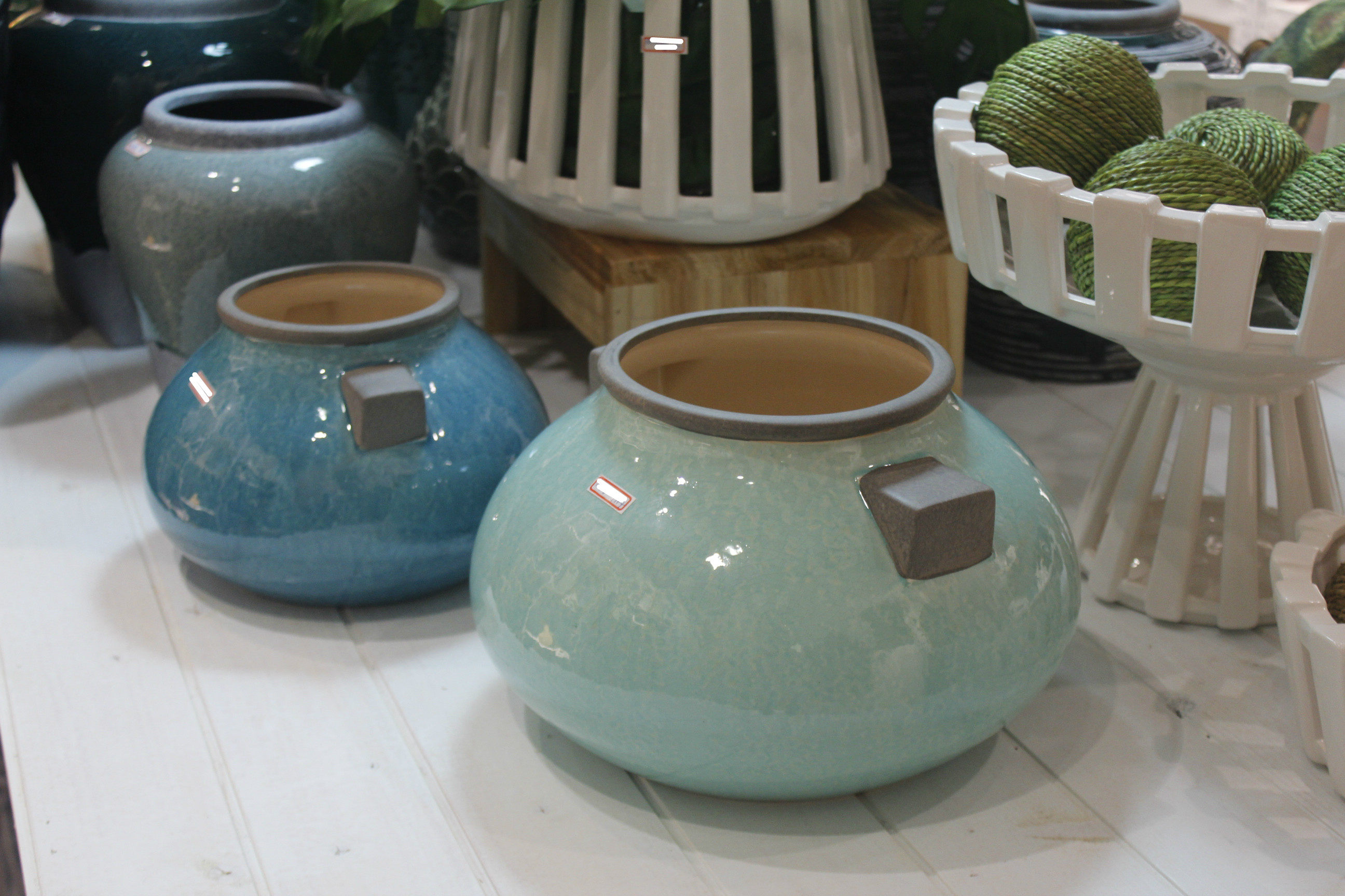 花瓶陶瓷双耳矮扁花器裂纹水蓝客厅家居摆件花瓶