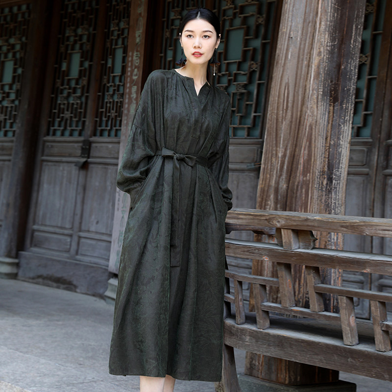 界内界外重磅真丝花萝老料香云纱连衣裙莨绸宽松超长款桑蚕丝袍子