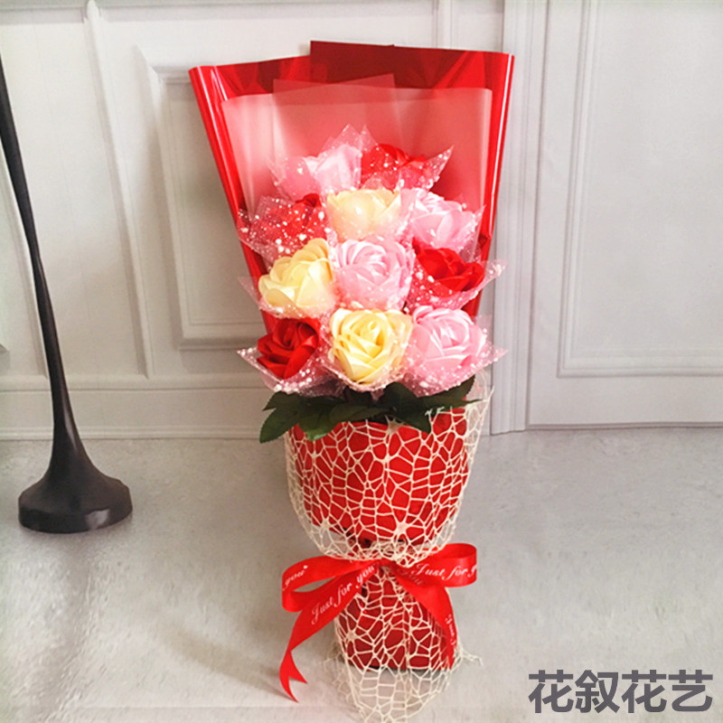 成品手工丝带玫瑰玫瑰花花束11朵缎带渐变蓝色妖姬卡通花