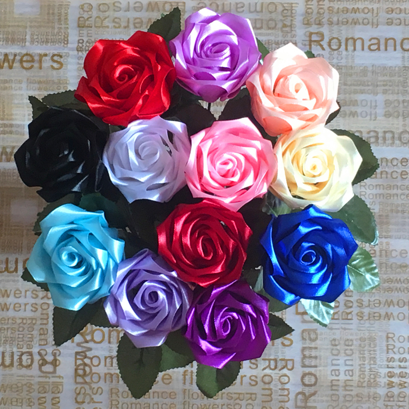 成品丝带绸缎缎带彩带玫瑰花单支花头花束材料仿真花