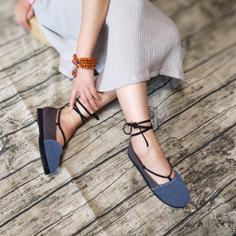 九天莲池原创新款手工老北京布鞋千层平底复古绑带浅口布鞋
