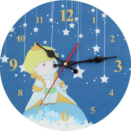 卡通小王子时钟木板挂画装饰画创意钟表客厅卧室挂钟