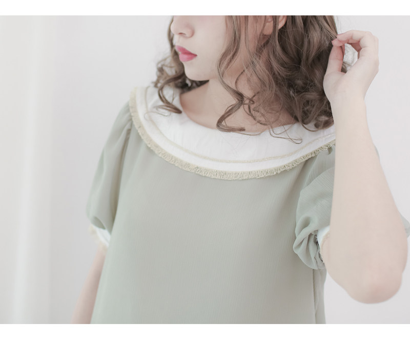 dollydelly原创甜饼盘领拼色泡泡连衣裙op连衣裙