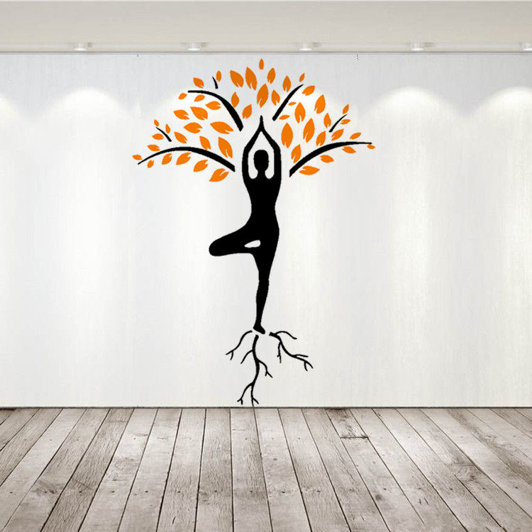 瑜伽树贴纸舞蹈瑜伽养生会所健身馆装饰健康少女墙贴