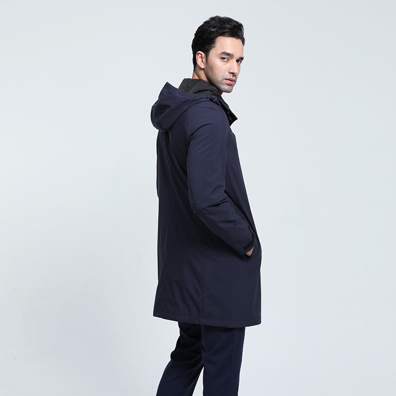 顺美男装藏蓝蓝色商务休闲连帽中长款薄纯色风衣