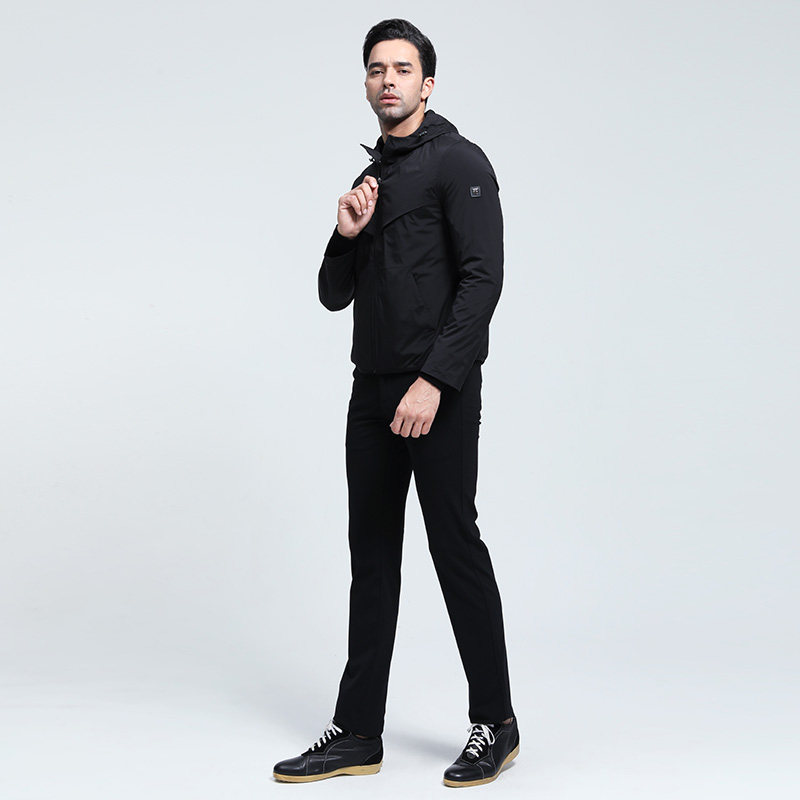 顺美男装黑色商务休闲连帽标准版薄款拉链外套夹克