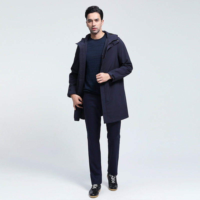 顺美男装藏蓝蓝色商务休闲连帽中长款薄纯色风衣