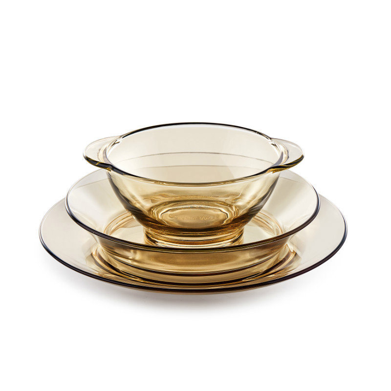 美国康宁corningware餐具透明玻璃家用茶色碗盘微瑕碗