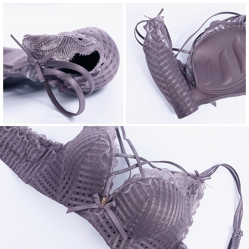 新客少女蕾丝花边性感内衣套装女 文胸无钢圈聚拢上托中厚款小胸