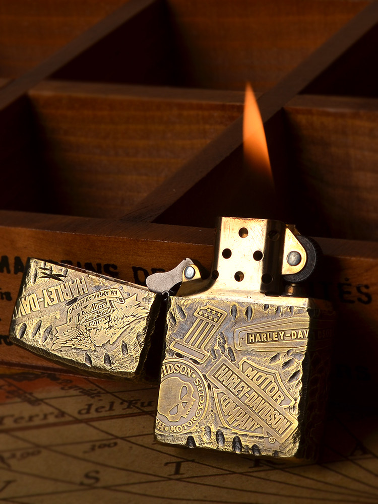 防风正版zippo煤油打火机纯铜哈雷摩托车深雕图案zippo