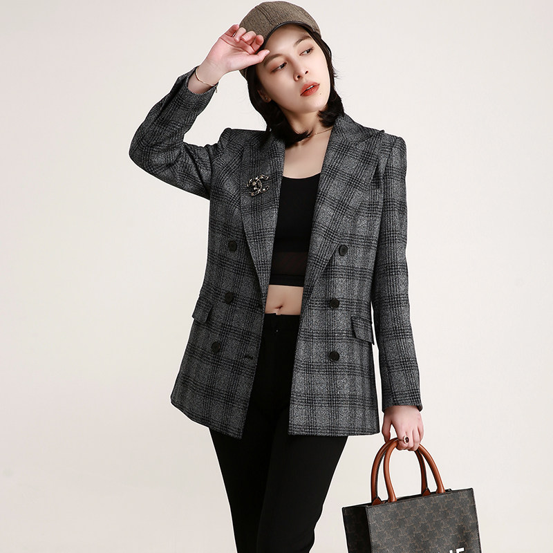 nz英伦风复古双排精纺羊毛灰色格子西装女外套西装