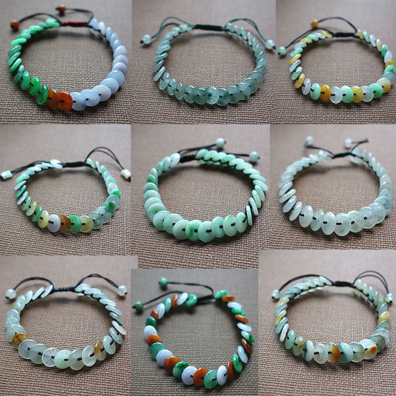 缅甸天然a货翡翠三彩平安扣手链 绿色黄翡飘花玉石编绳手链男女款