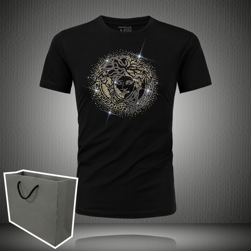 范思哲珍藏欧洲站美杜莎夏季短袖T恤男圆领修身男装烫钻大码5XL