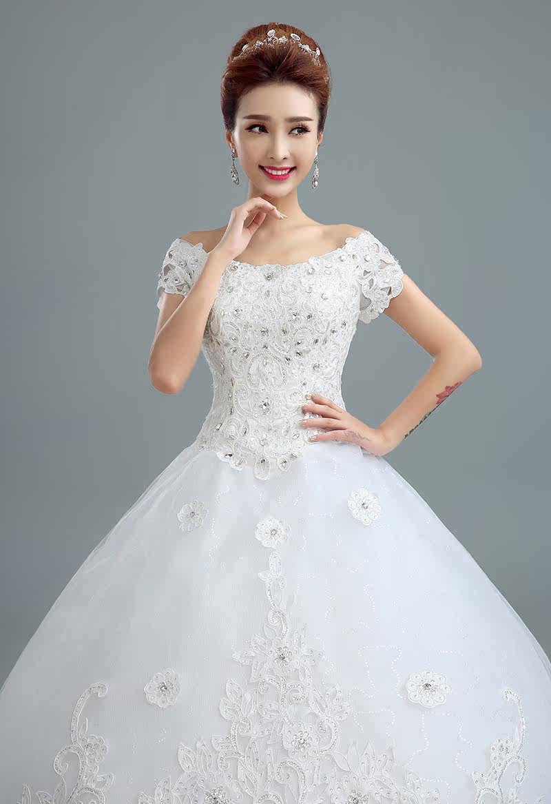 2017新款韩版时尚新娘婚纱礼服 白色一字肩大码中腰绑带蕾丝显瘦