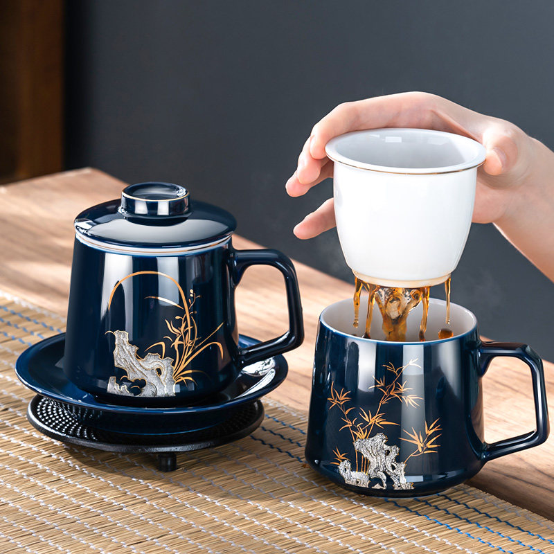 陶瓷茶杯个人专用男士高档大容量办公室会议水杯子国风泡茶分离杯