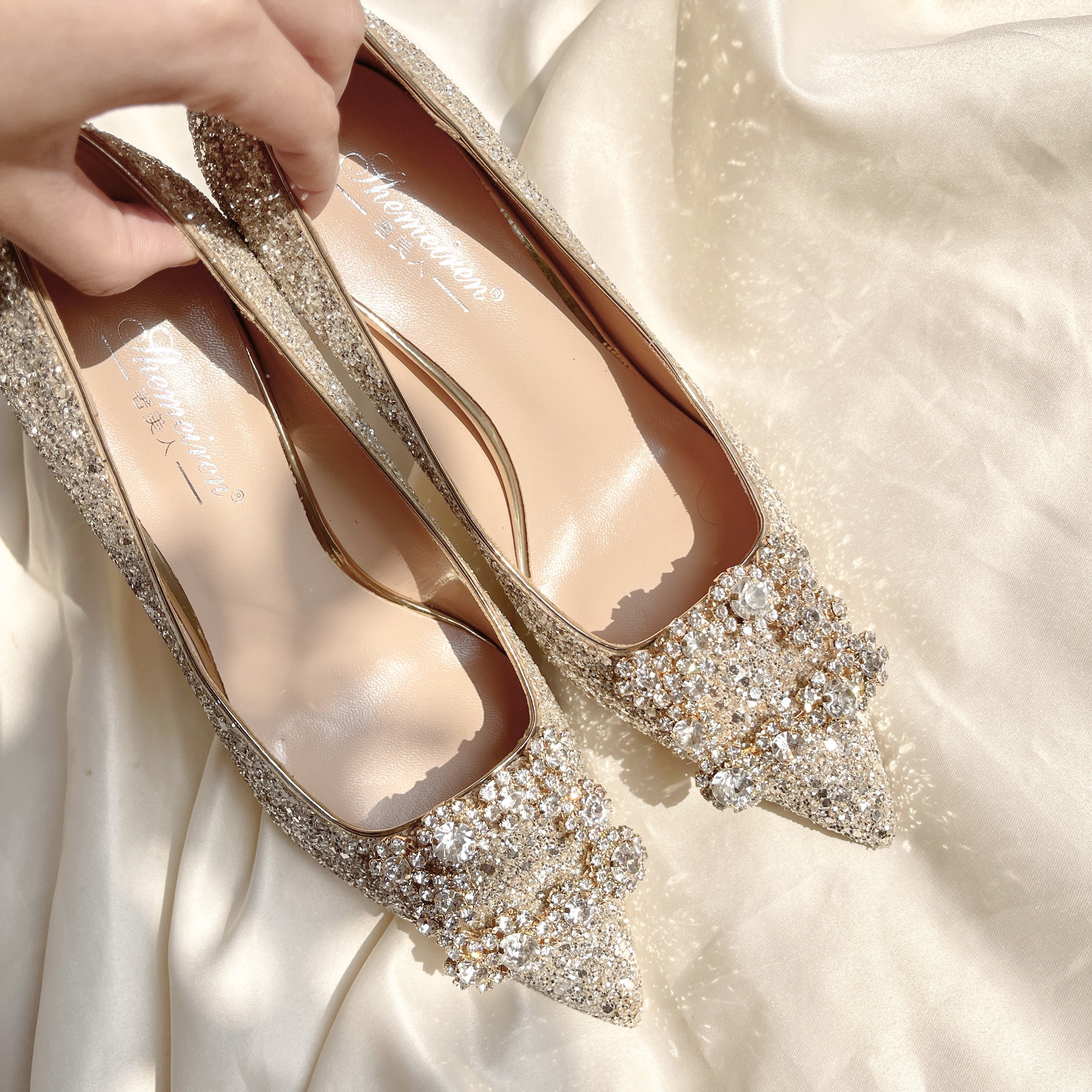 省钱快淘 鞋子 婚鞋女高跟新娘鞋亮片水晶少女法式百搭伴娘晚礼服主