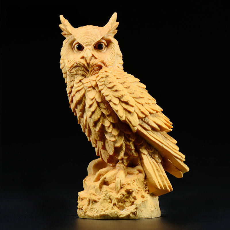 黄杨实木雕刻猫头鹰摆件木头根雕手把车内饰品摆件