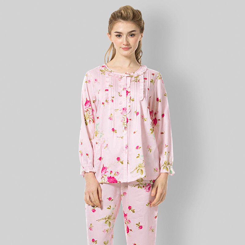 伊丝芬秋季新款睡衣女柔软贡缎纯棉开衫长袖长裤印花家居服38844