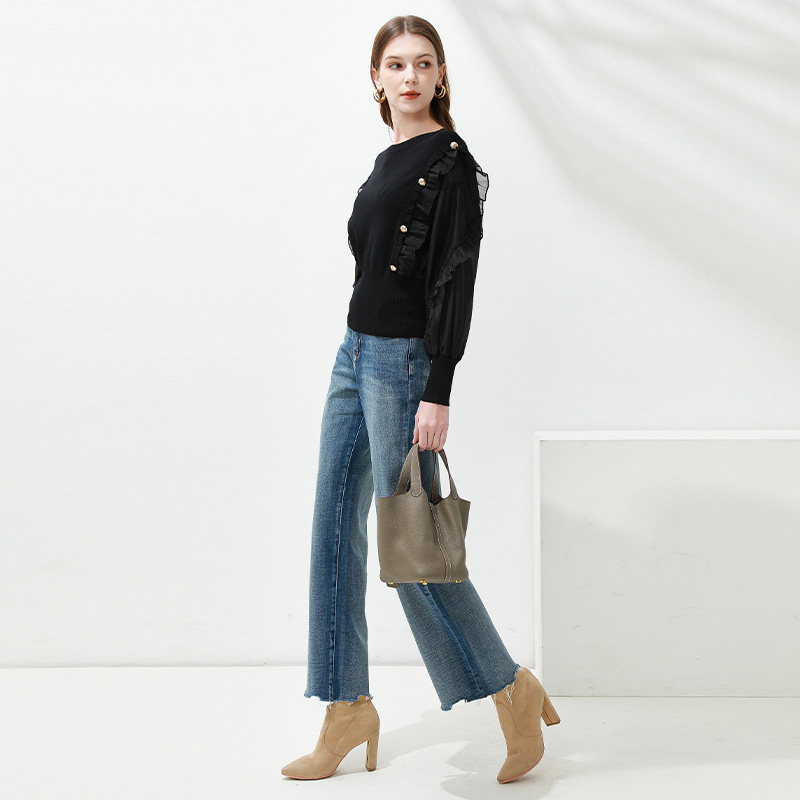 ivykki艾维2022年春季新款女装拼接荷叶针织衫圆领毛针织衫