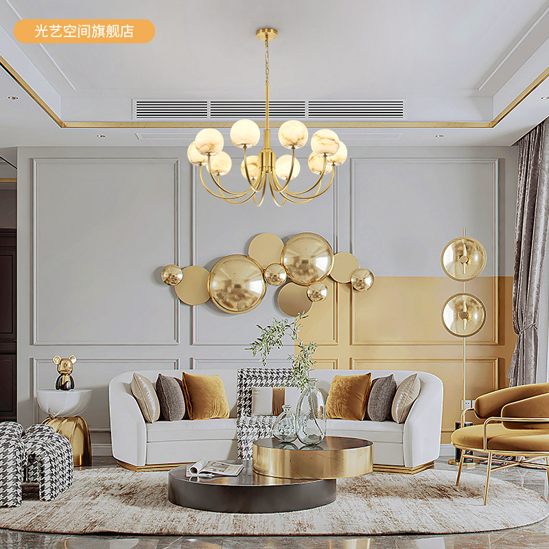 云石吊灯美式全铜客厅餐厅别墅设计师样板loft客厅吊灯