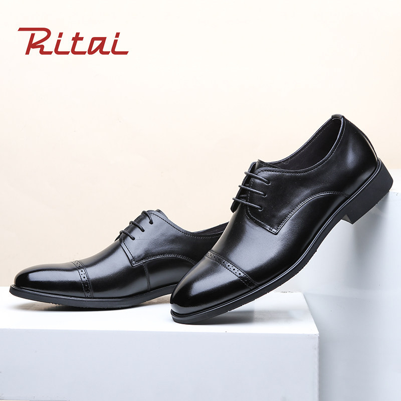 日泰男鞋商务务正皮鞋春秋新款真皮布洛克系带正装皮鞋