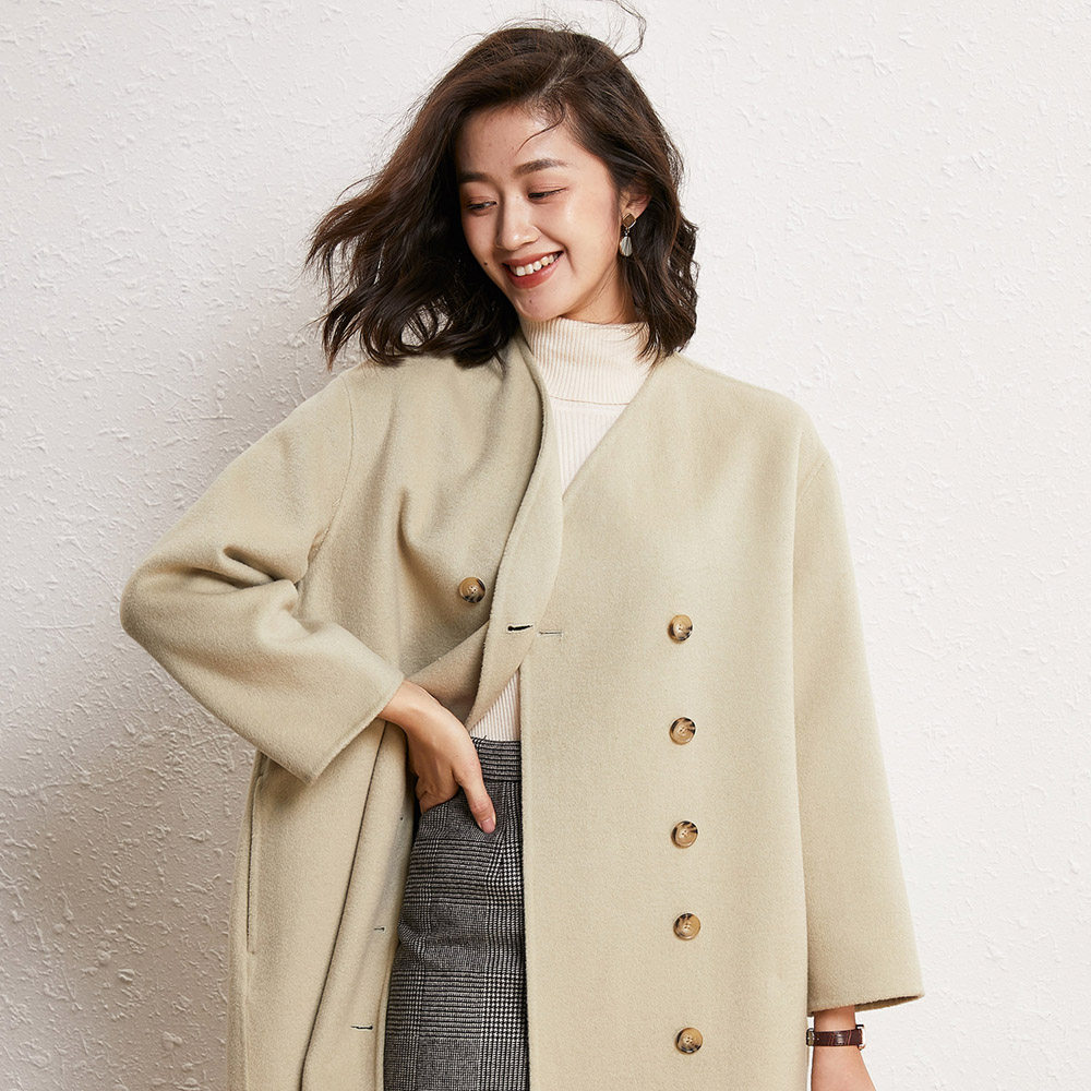 红色过年羊绒大衣女中中长款茧型双排无领简约毛呢外套