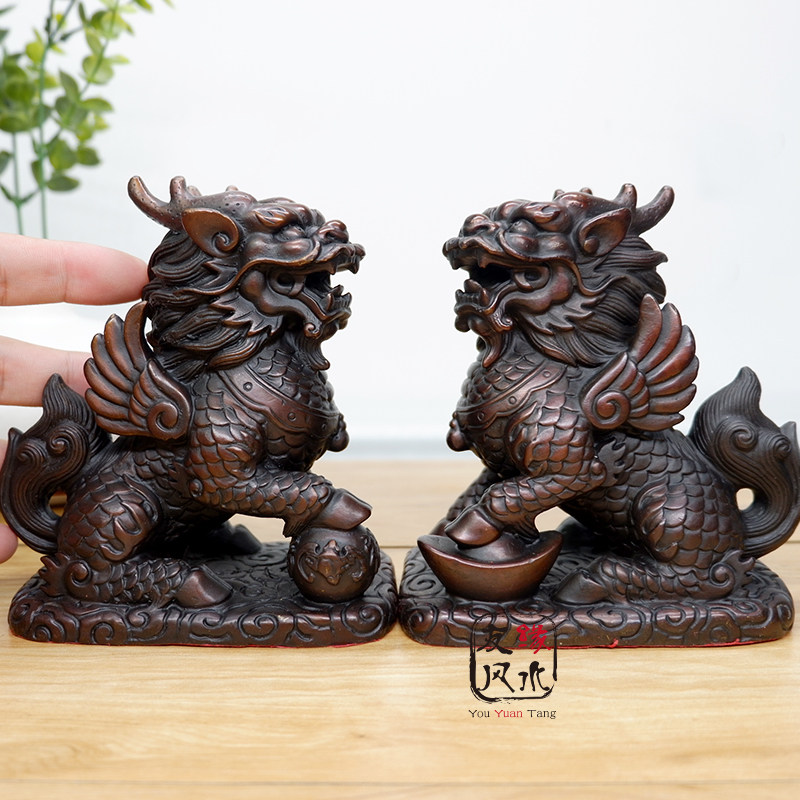 台湾祥狮纯铜招财麒麟一对镇宅招办公室客厅家居饰品摆件