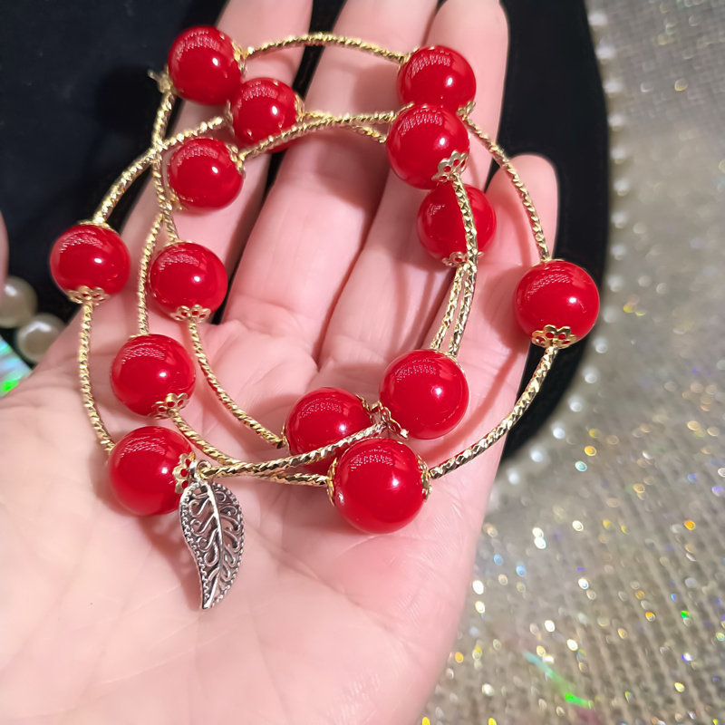 本命年弹力樱桃红色手链女韩版网红简约个性串珠子学生森系手饰品