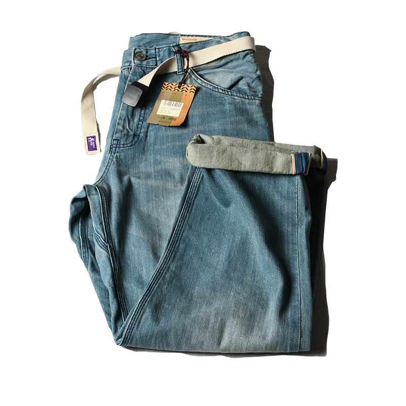 复刻自制X紫标edc冠希浅蓝水洗复古赤耳直筒宽松工装阔腿牛仔潮裤