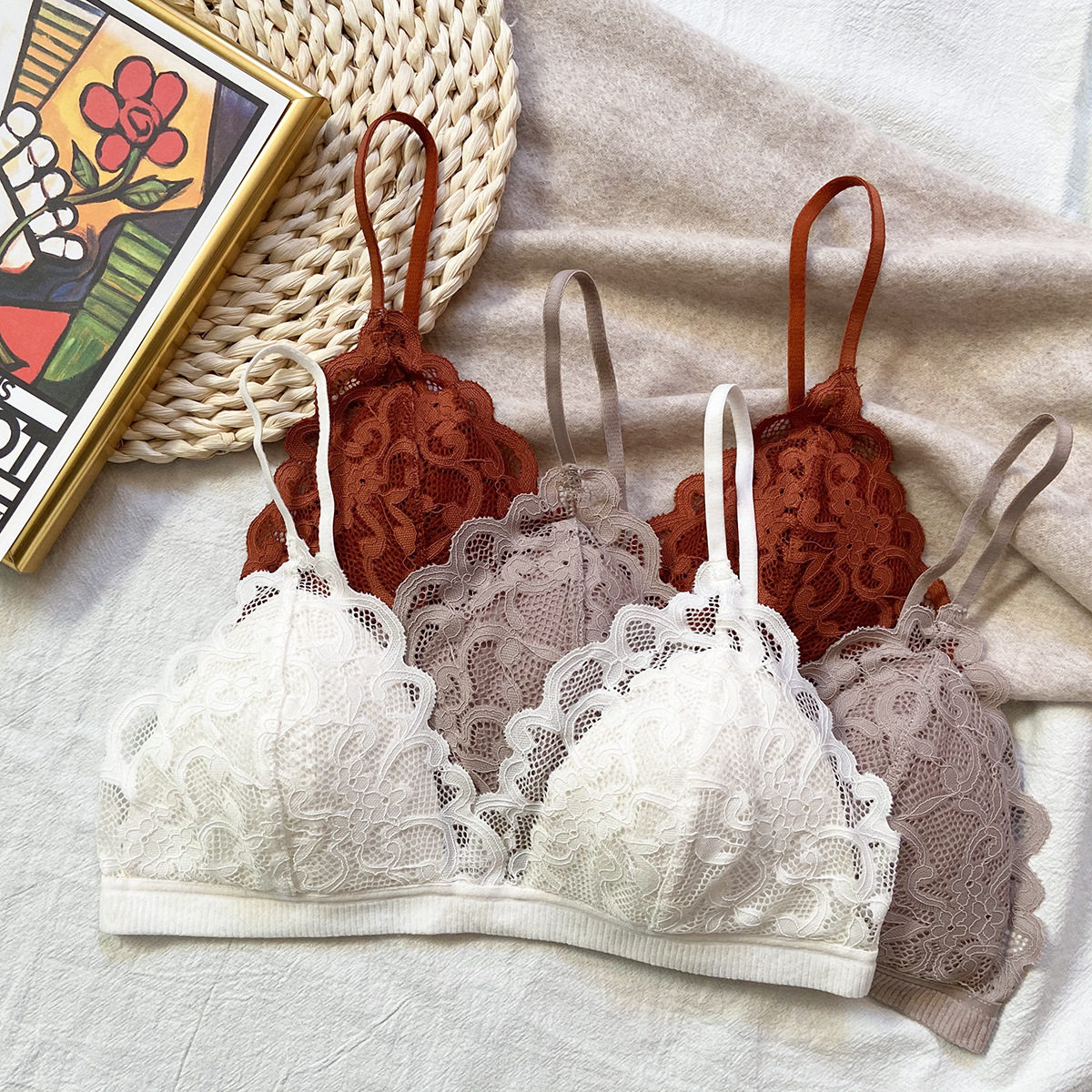 蕾丝法式bralette三角杯裹内衣抹胸少女文胸性感文胸