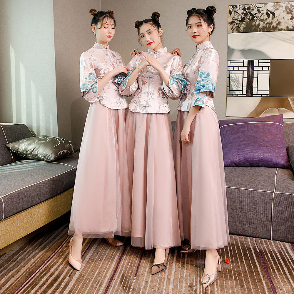 伴娘中国晚礼服闺蜜唐装秀禾国风中式长袖新款礼服