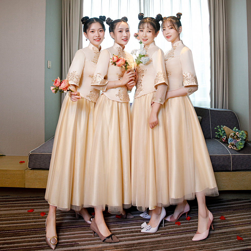 伴娘服姐妹裙2022春夏新款长袖大码中式秀禾中国风唐装金色礼服女